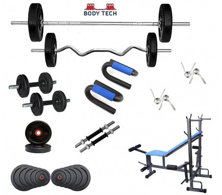 Body Tech 90 Kg Home Gym Combo with 8-in-1 Multi Purpose Bench + 4 Iron Rods Fitness Kit Combo-BT8IN90