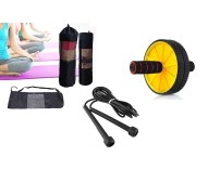 Body Maxx Yoga Mat And Mat Cover With Combo Set AB Wheel And Pencil Skipping Rope.