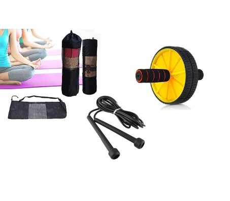 Body Maxx Yoga Mat And Mat Cover With Combo Set AB Wheel And Pencil Skipping Rope.