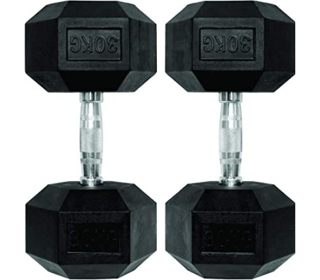 Body Maxx 30 kg x 2 Rubber Coated Professional Exercise Hex Dumbbells